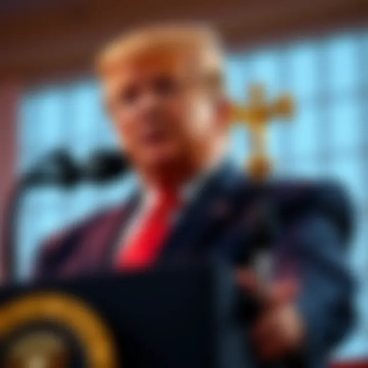 President Trump speaking at a podium with a confident expression, addressing the crypto corruption investigations