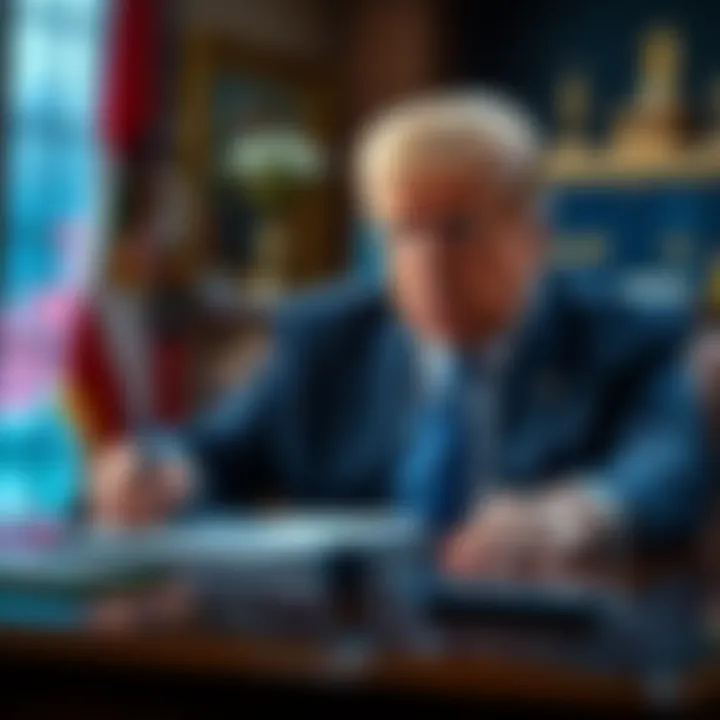 President Trump signs an executive order to integrate digital assets into traditional finance, with financial symbols in the background