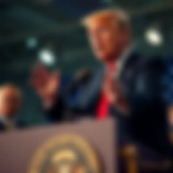 Donald Trump addressing an audience with a serious expression, gesturing while speaking about markets