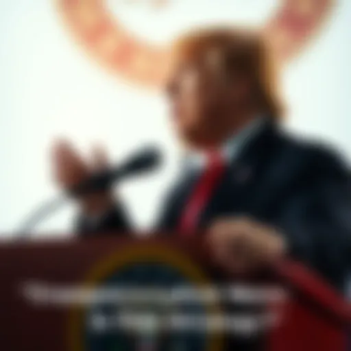Donald Trump speaking at a podium, addressing a crowd