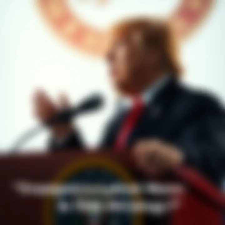 Donald Trump speaking at a podium, addressing a crowd