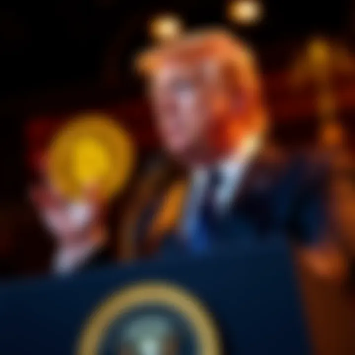 President Trump speaking confidently at a podium, advocating for cryptocurrency growth and protection.