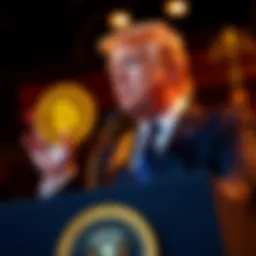 Trump Supports Cryptocurrency President Trump speaking confidently at a podium, advocating for cryptocurrency growth and protection.