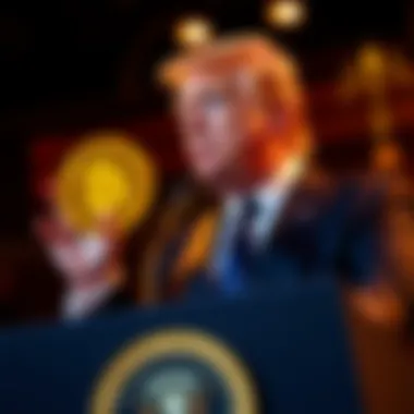 Trump Supports Cryptocurrency President Trump speaking confidently at a podium, advocating for cryptocurrency growth and protection.