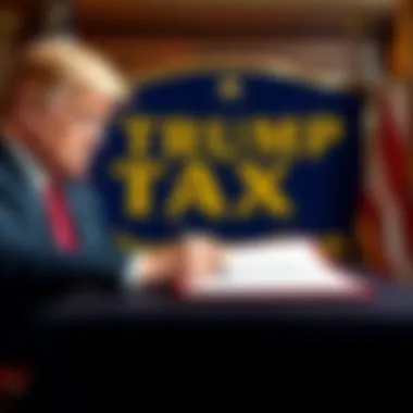 President Trump signing a document granting tax immunity to himself and his family, with the Trump Organization logo in the background.