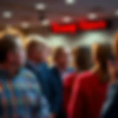 Trump Voters Gathering A group of Trump voters discussing their feelings about his presidency at a public meeting, with some showing signs of uncertainty.