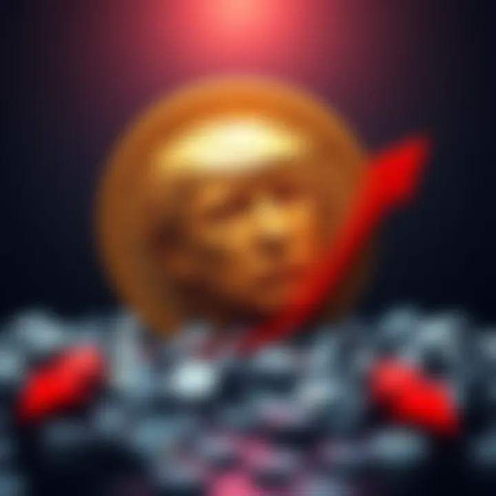 A visual representation of a coin with Trump's face sinking, surrounded by red arrows indicating a financial decline, representing the collapse of his meme coin.