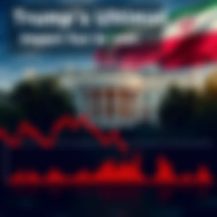 A stock market graph showing a decline with a background image of the White House and Iran's flag, representing financial uncertainty due to geopolitical tensions.