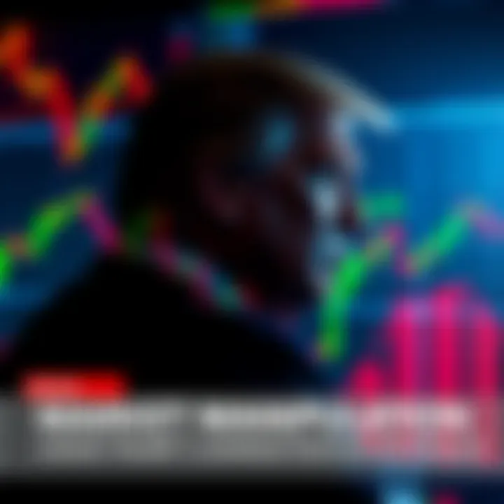 A graphic showing fluctuating stock market graphs with a silhouette of Trump in the background