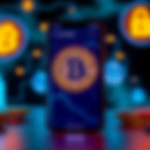Trust Wallet app displayed on a smartphone screen with Bitcoin symbol and security icons in the background