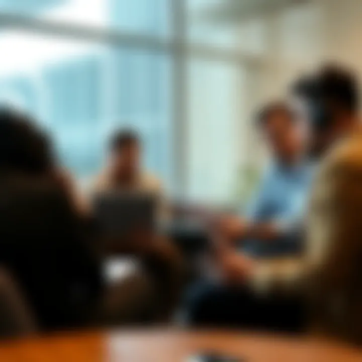 A journalist discusses Bitcoin insights with a group of people in a casual setting, showing laptops and notes.