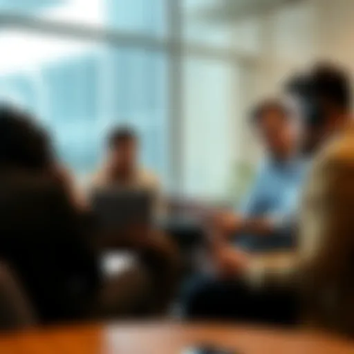 Trusted Bitcoin Media A journalist discusses Bitcoin insights with a group of people in a casual setting, showing laptops and notes.