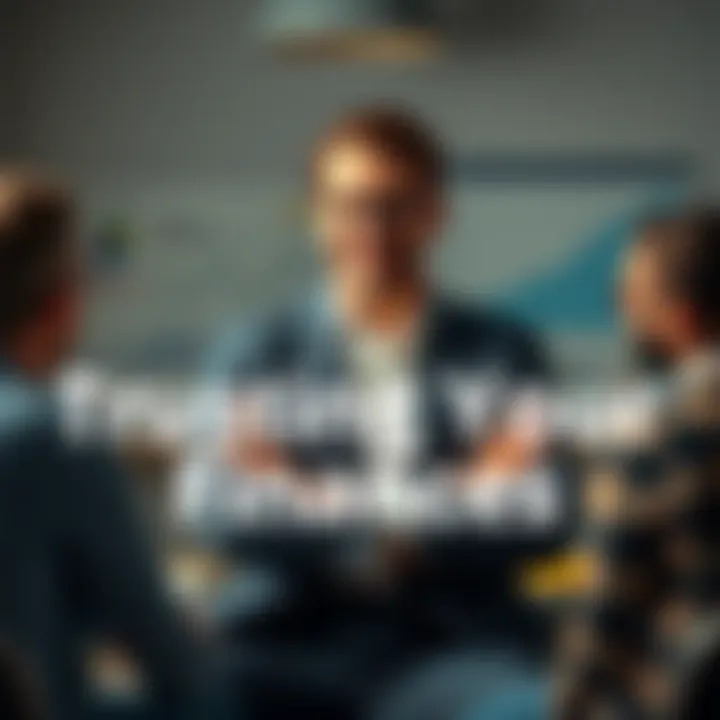 A confident man giving financial advice to a group of people in a casual setting, with charts and graphs in the background.