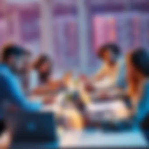 A group of diverse people reviewing project proposals on a table with laptops and documents, symbolizing collaboration and decision-making.
