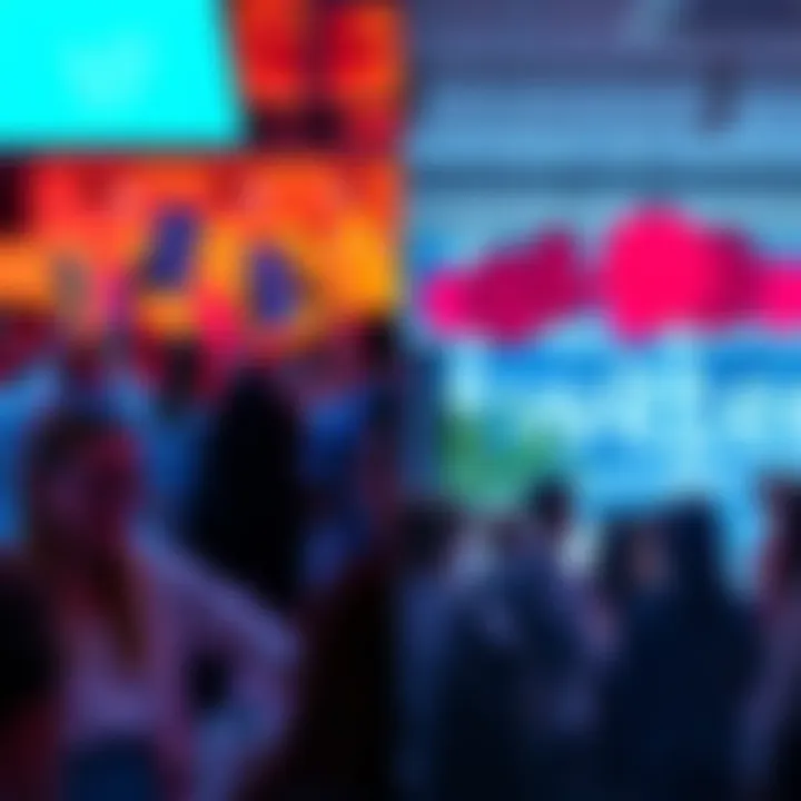 A split image showing two contrasting approaches: one side displays a group of people celebrating in a Twitter-themed environment while the other side depicts a calm scene of individuals engaging in thoughtful discussions about community building.