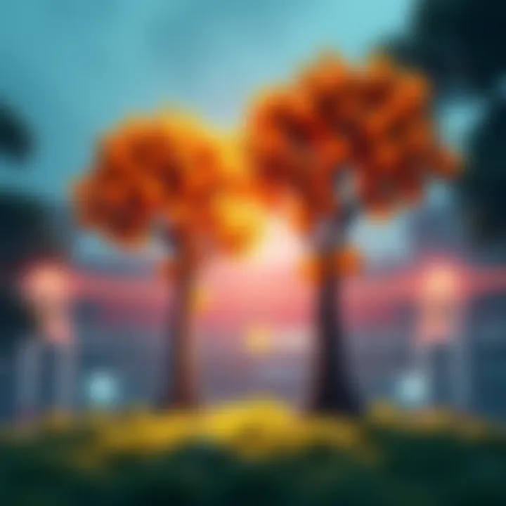 Illustration of two vibrant orange trees growing side by side in a virtual game environment, symbolizing great luck in a gaming adventure.