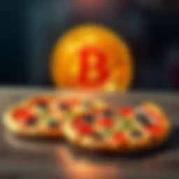 A visual representation of two pizzas on a table with a Bitcoin symbol in the background.