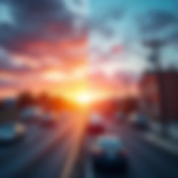 A split image showing a busy interstate highway on one side and a quiet small town street on the other side, representing two mayorship opportunities.