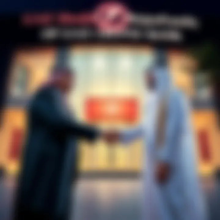 A UAE sheikh shaking hands with a representative of the Trump family outside a modern crypto bank building, symbolizing their financial partnership.