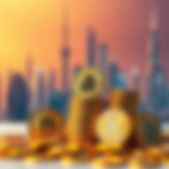 A visual representation of Bitcoin coins stacked, symbolizing the UAE's significant $454 million Bitcoin holdings, with a backdrop of the UAE skyline.