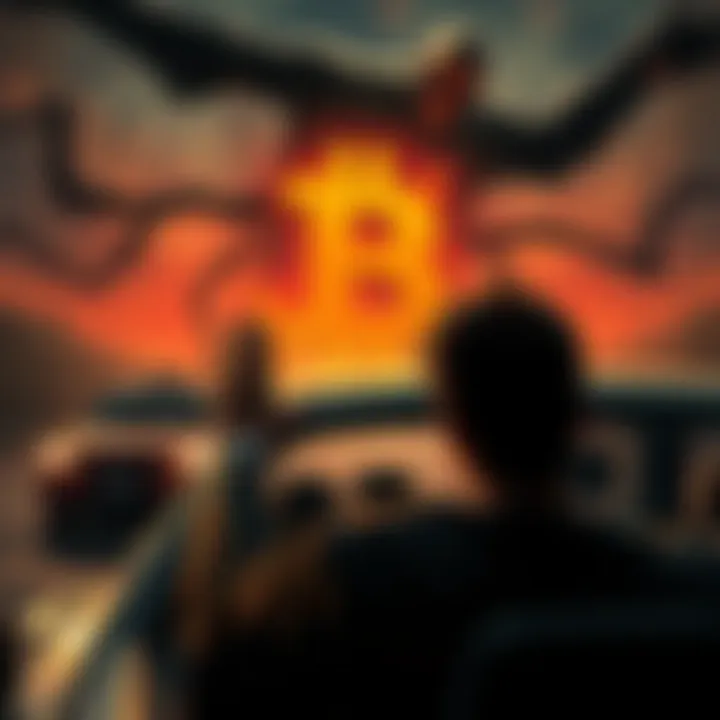 A person in distress hails an Uber while a Bitcoin symbol looms ominously above, representing confusion and mistrust in cryptocurrency prizes.