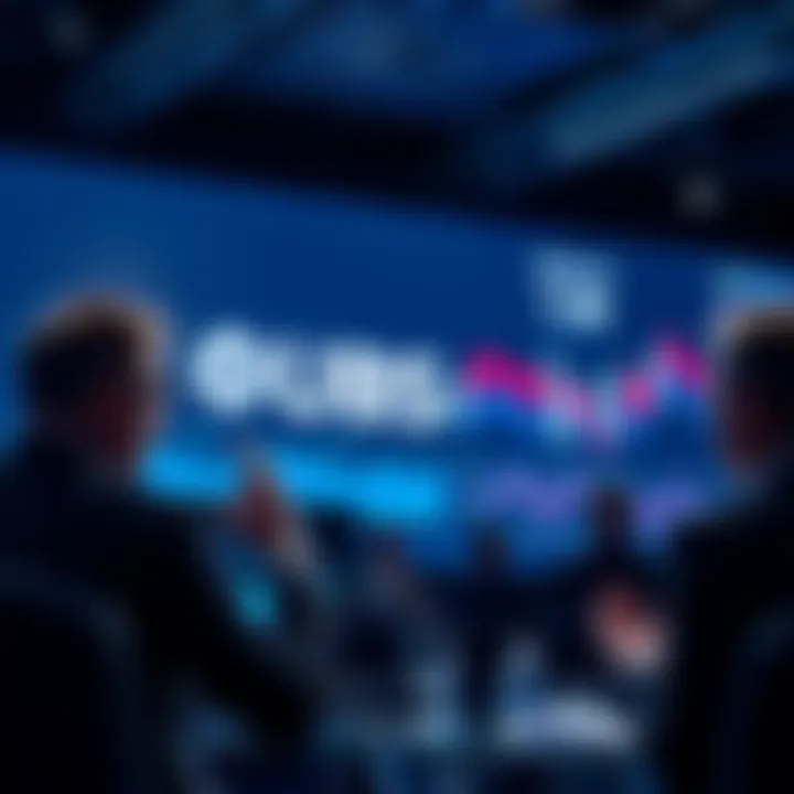 UBS CEO speaking at a conference about future cryptocurrency services for clients, with charts and digital asset visuals in the background