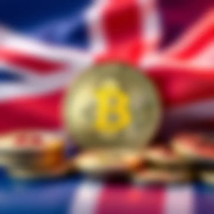 A visual representation of Bitcoin coins with the U.K. flag, symbolizing the government's planned sale of £5.4 billion in BTC and its potential market effects.