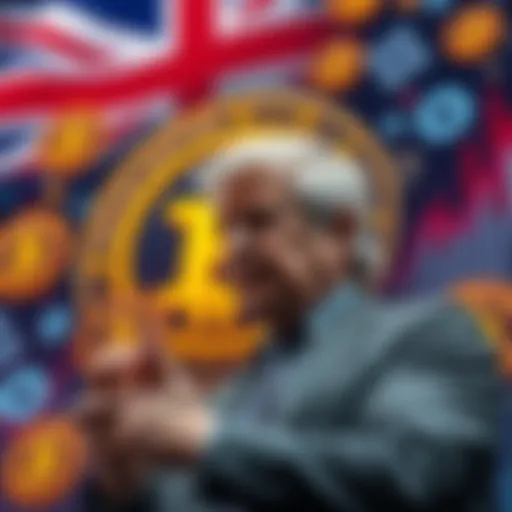 A government official discussing new tax regulations with a large graphic of cryptocurrency icons in the background