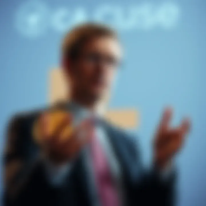 A government official discussing cryptocurrency regulation with FCA logo in the background