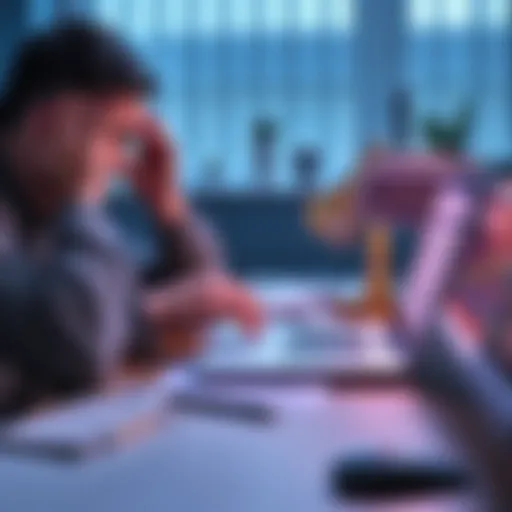 A worried person looking at crypto charts on a laptop with tax documents on the desk, symbolizing the financial stress of new tax regulations.