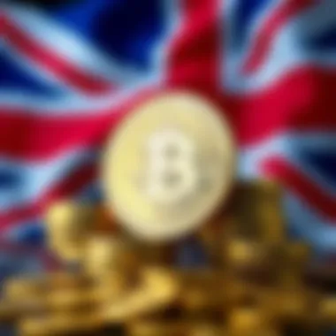 A visual representation of Bitcoin coins stacked with the UK flag in the background, symbolizing the seizure of $7 billion in cryptocurrency by the UK government.