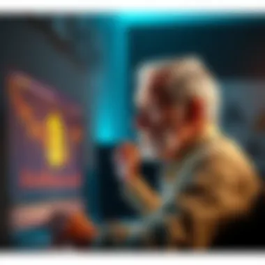 A 60-year-old man looks thoughtfully at a computer screen displaying Bitcoin prices, showing a mix of regret and contemplation.