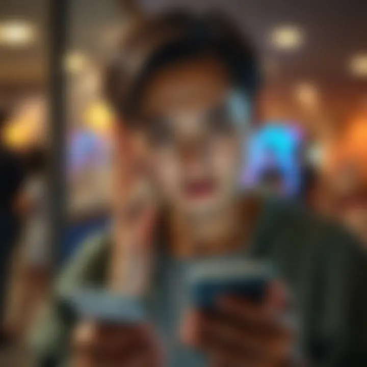 A person looks stressed while checking their phone for a transaction update, with a worried expression on their face.