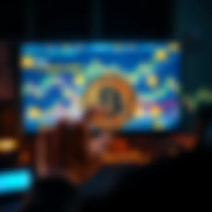 A person looking at a computer screen showing Bitcoin symbols and graphs, illustrating the complexities of cryptocurrency.
