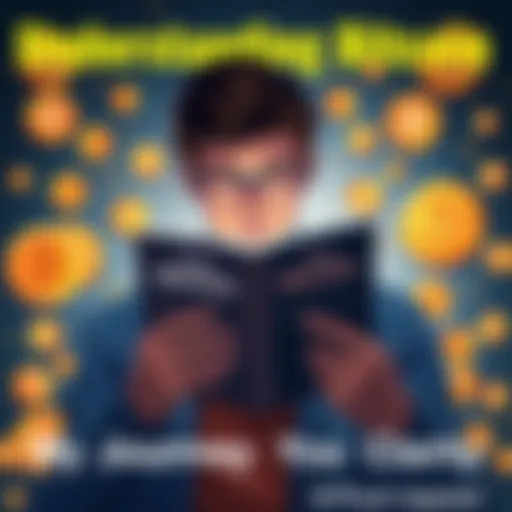 A person reading a simple guide about Bitcoin with a thoughtful expression, surrounded by symbols of cryptocurrency