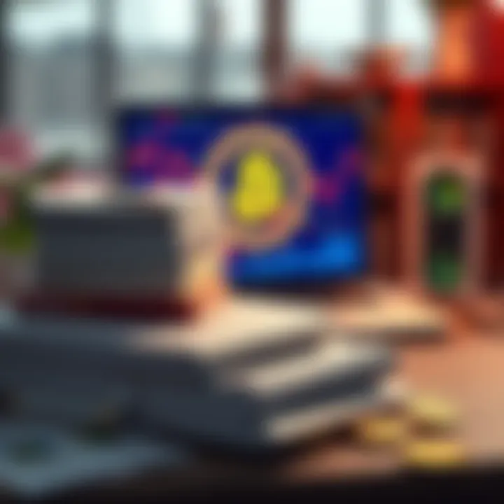 A collection of books and papers about Bitcoin stacked on a table, with a laptop displaying Bitcoin graphics in the background.