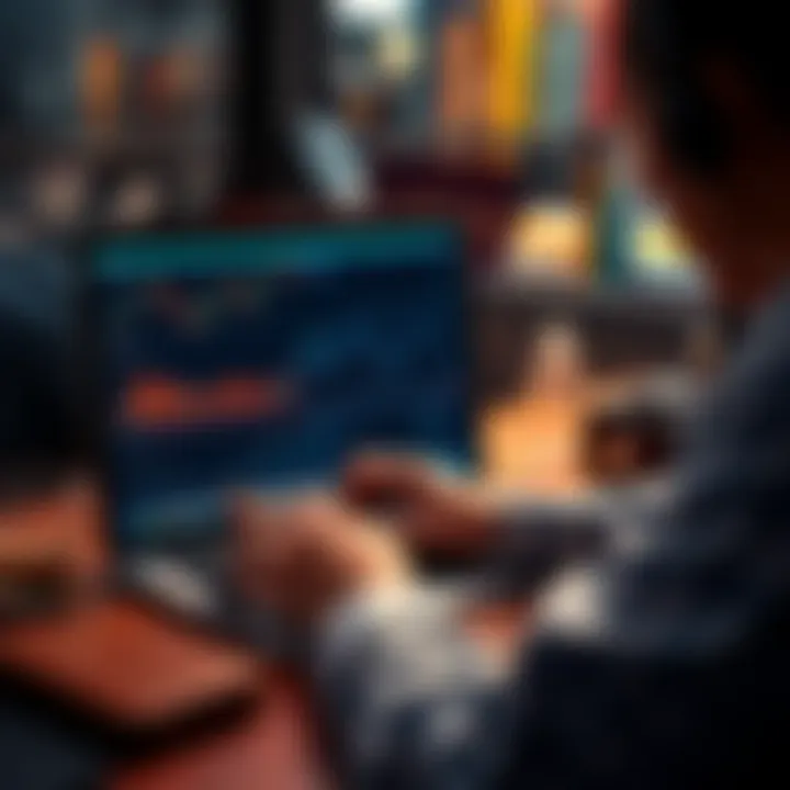 A person analyzing cryptocurrency trends on a laptop, showing charts and graphs.
