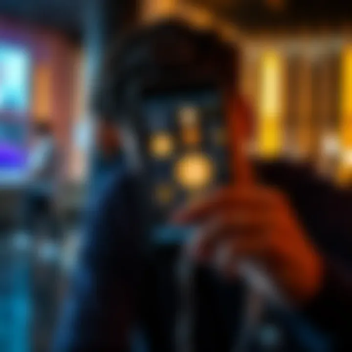 A person looking at a smartphone displaying cryptocurrency graphics and icons, showing how easy it is to learn about crypto.