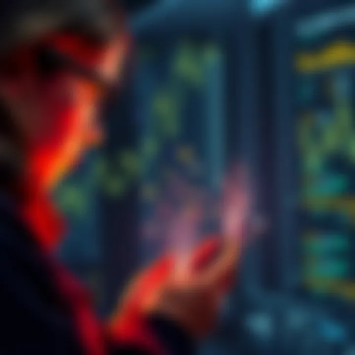 A visual representation of cryptocurrency transactions showing small amounts flowing towards a digital wallet, symbolizing a dusting attack, with a concerned person looking at their phone.