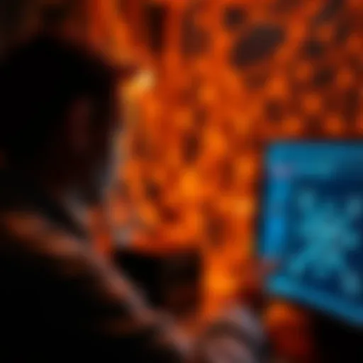 A person looking at a computer screen with network graphics representing nodes