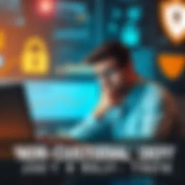 A person looking confused while reading about non-custodial DeFi on a laptop, with digital charts and security icons in the background.