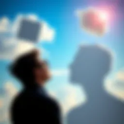 A thought-provoking scene with a person gazing at a clear blue sky, surrounded by abstract shapes symbolizing different perceptions of reality, sparking contemplation.
