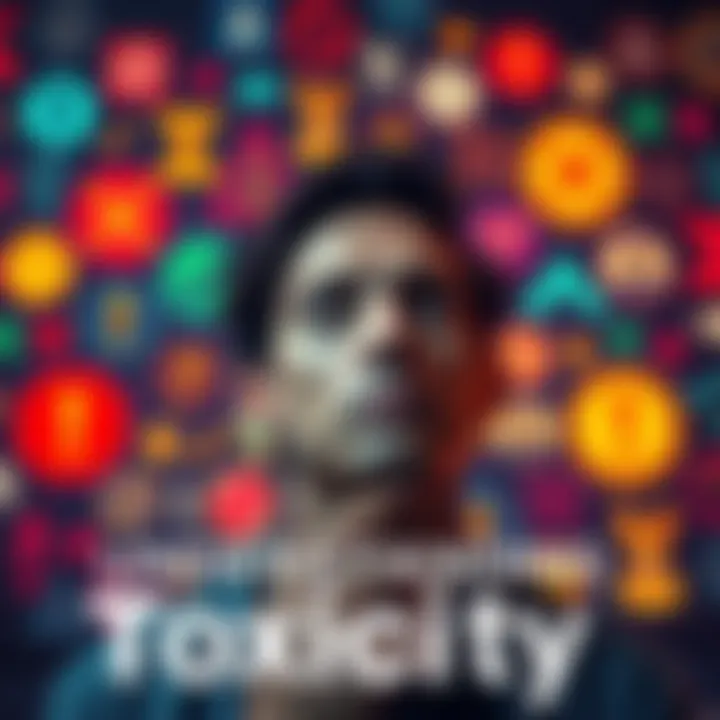 A person looking thoughtful with a background of negative and positive symbols representing toxicity