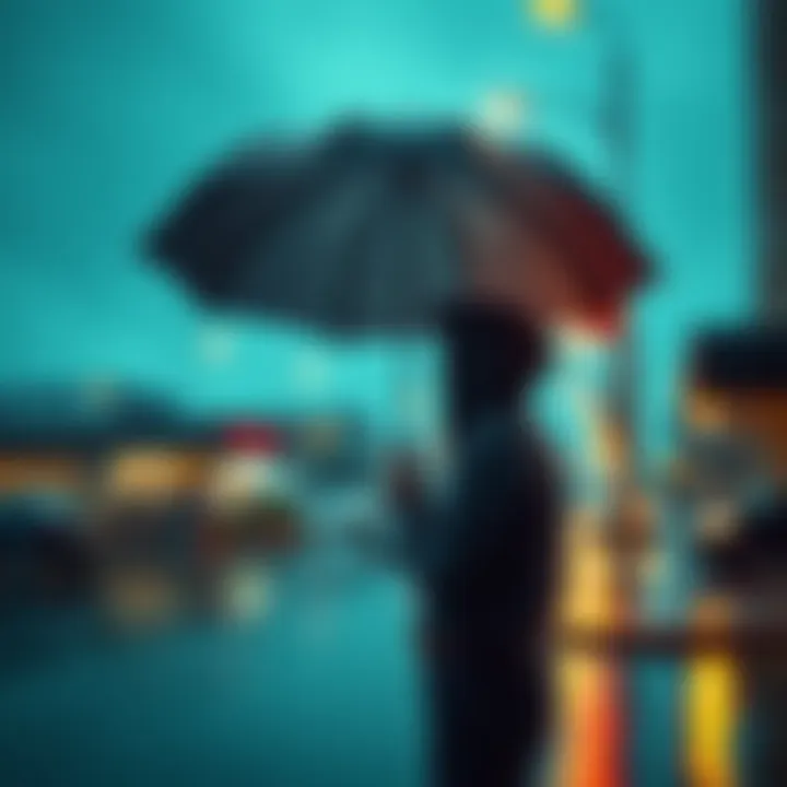 A person stands outside with an umbrella as rain suddenly starts, showing the impact of unexpected weather changes.