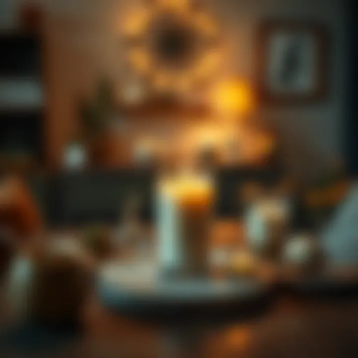 A unique candle displayed on a wooden table surrounded by home décor items, creating a cozy atmosphere