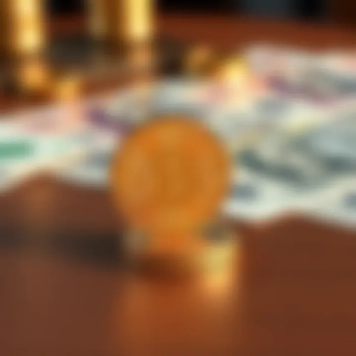 A shiny coin placed on a wooden table, symbolizing its distinct features compared to other coins, with a blurred background of currency notes.