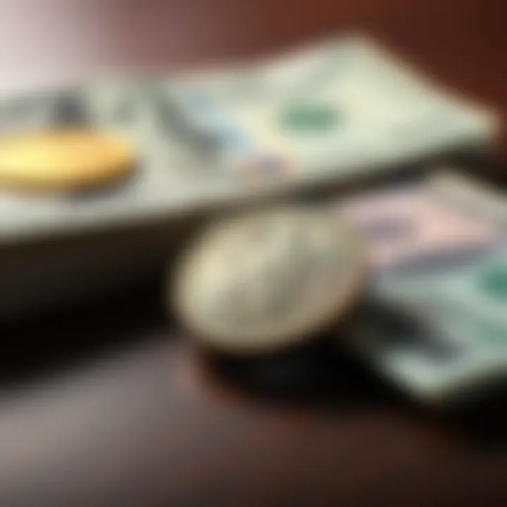 A close-up of a rare coin resting on a table with a few bills beside it, indicating its potential value.