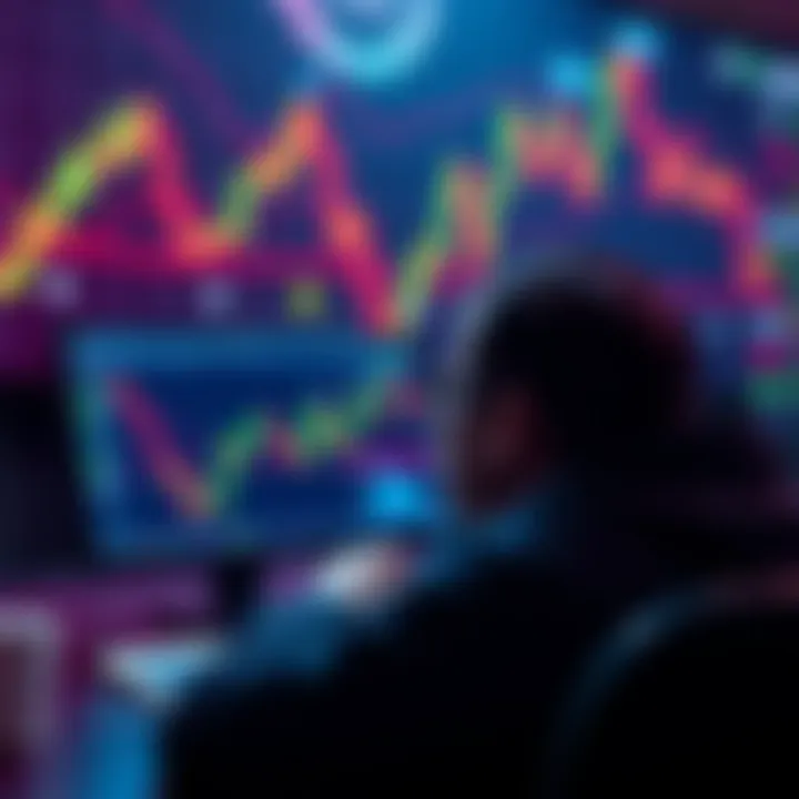 A person trading on the Uniswap decentralized exchange with digital currency charts in the background.