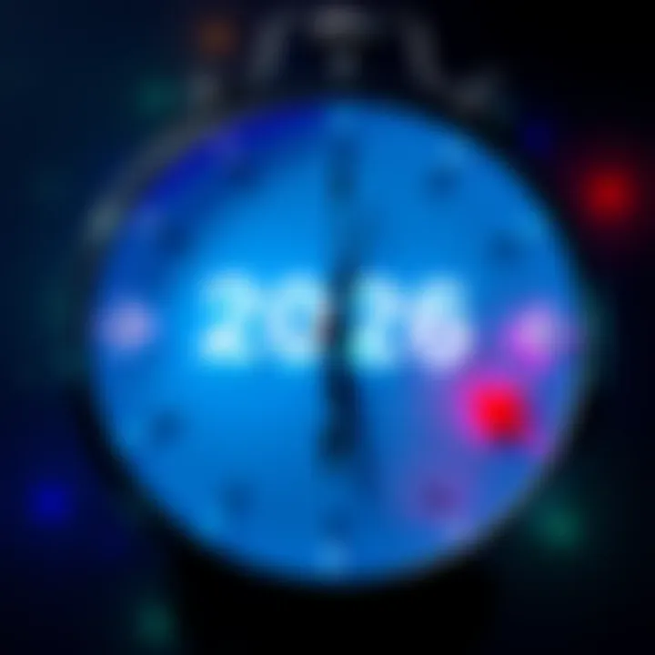 A clock showing the year 2026 with arrows pointing in different directions, symbolizing various sectors evolving.