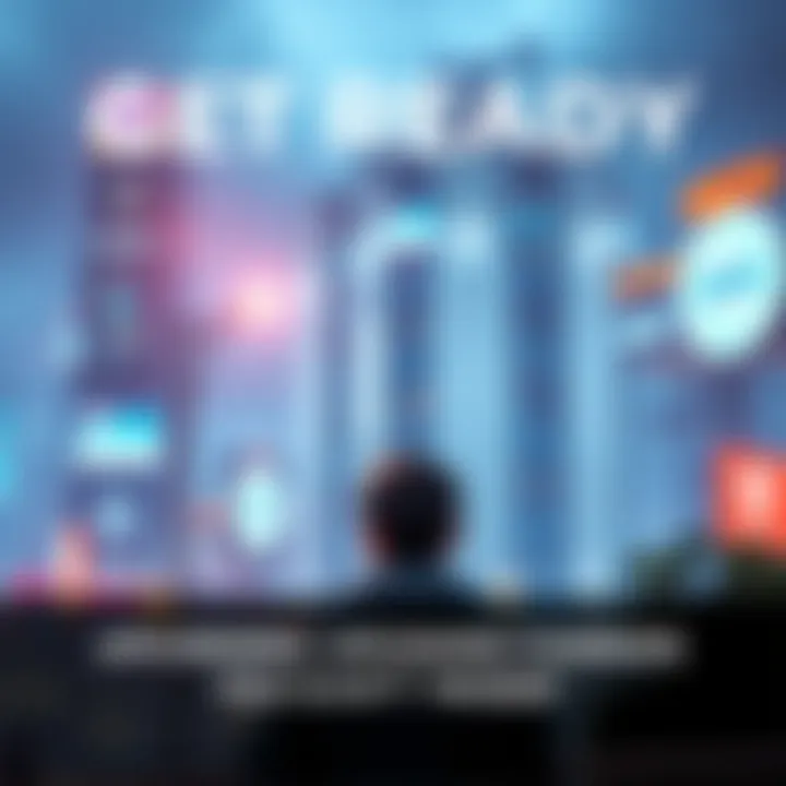 A person looking at a futuristic city skyline with bright lights and signs indicating new developments